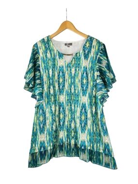 JM Collection Women’s XL Blue Green Abstract Print Flutter Sleeve Tunic Top